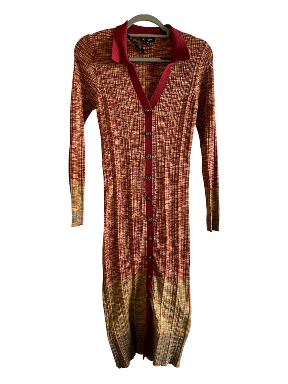 Jessica Simpson Maxi Ribbed Knit sweater Dress - Burgundy Multi Fall Colors M